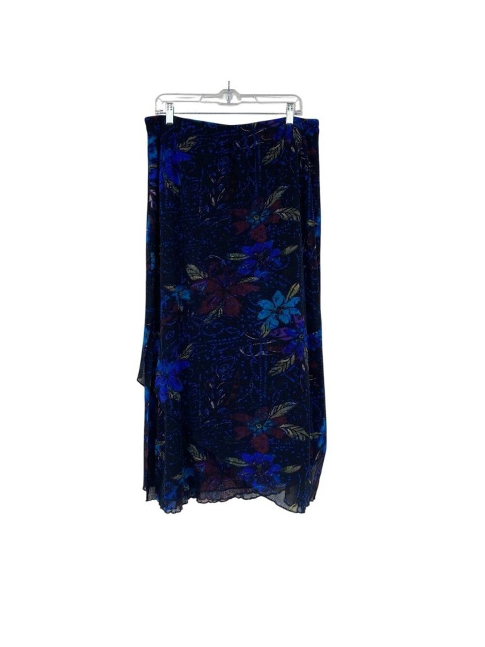 Chicos Layered Mesh Floral Print Midi Skirt Blue Black Womens Size 3 XL Vintage